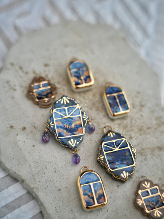 Undersea Window | Handmade Gilded Relief Ceramic Pendant