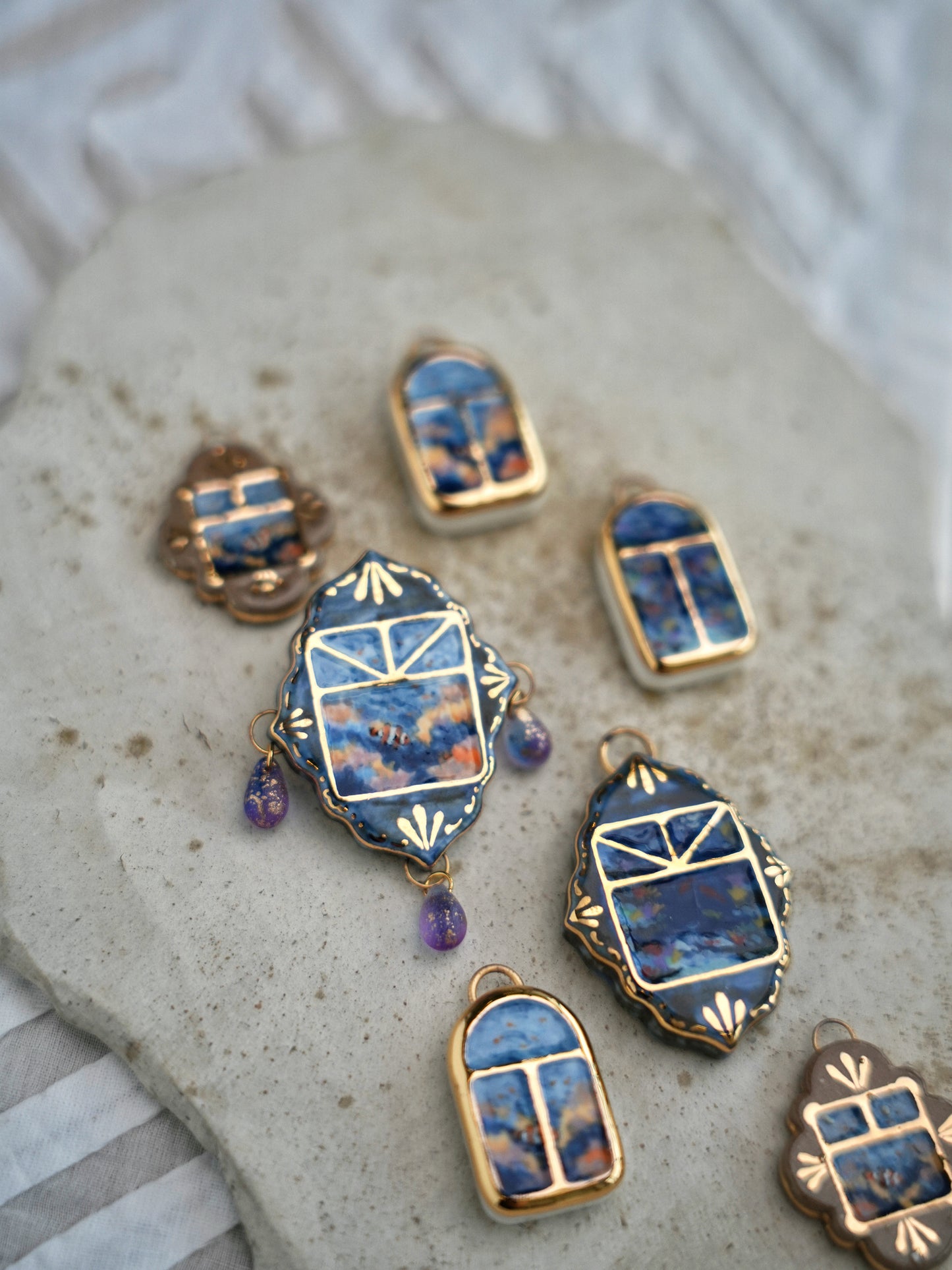 Undersea Window | Handmade Gilded Relief Ceramic Pendant