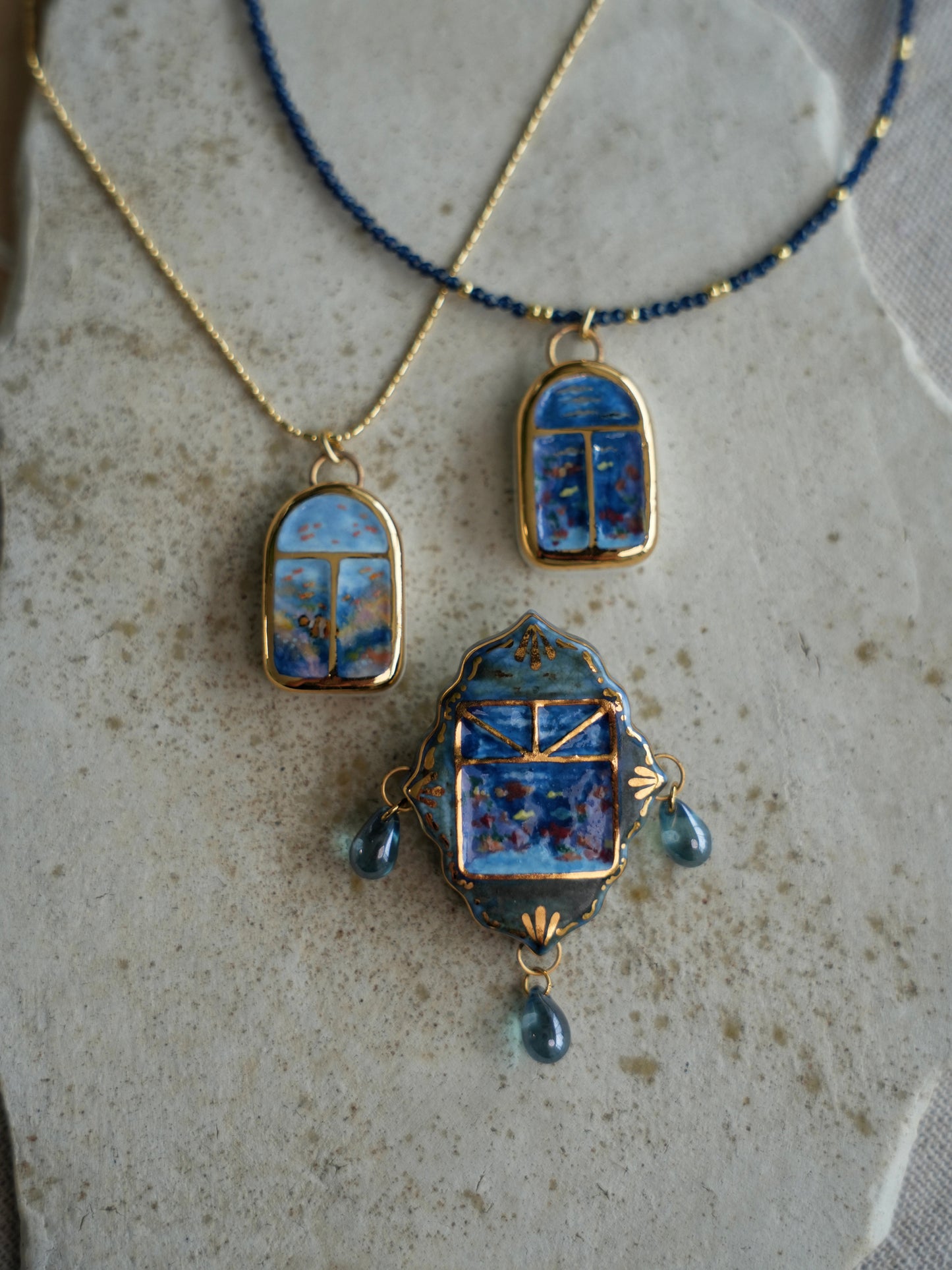 Undersea Window | Handmade Gilded Relief Ceramic Pendant
