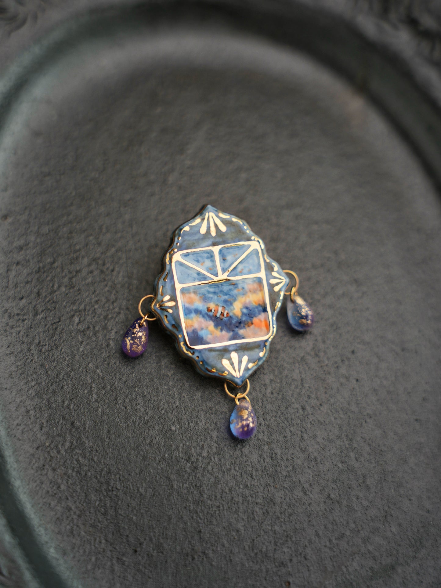 Undersea Window | Handmade Gilded Relief Ceramic Pendant
